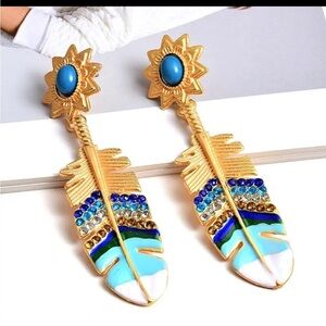Long blue earrings womens gold long statement bold boho bohemian large